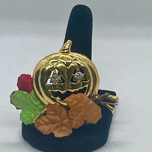 Vintage Gold Jack-O-Lantern Fall Halloween Crystal Pumpkin Brooch Pin - Picture 2 of 5